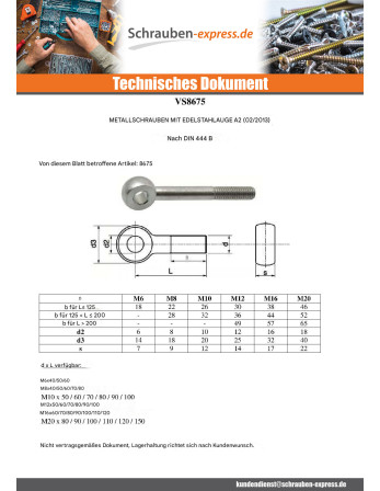 1 x Metallschrauben für Auge M6X60 Auge 6...