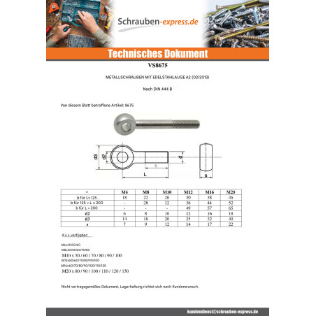 1 x Metallschrauben für Auge M6X60 Auge 6 Edelstahl A2