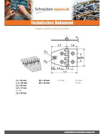 1 x Scharnier Type C 5 Loch Edelstahl A2 55x40