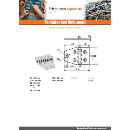 1 x Scharnier Type C 5 Loch Edelstahl A2 55x40