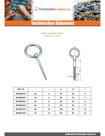 1 x Ringschraube Sicherungsringe gewing Holz...