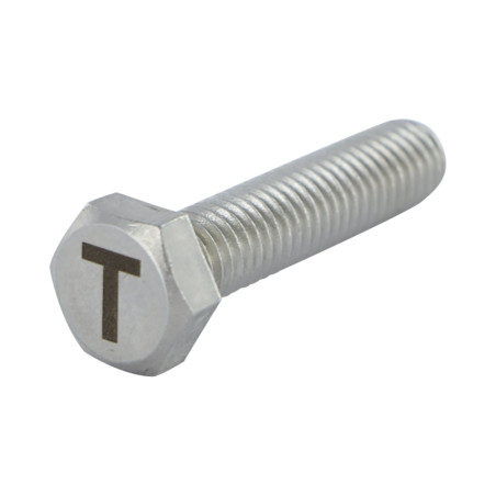 1 x Metallschrauben Sechskantkopf 8x35 Edelstahl A4 mit Buchstabengravur "T"