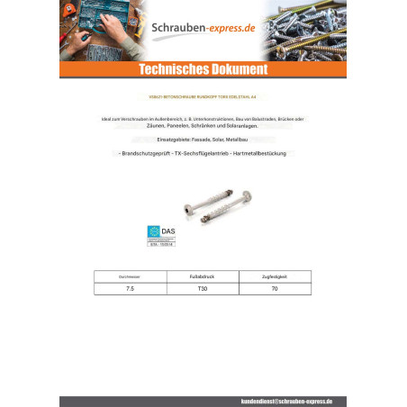 1 x Betonschraube Kopf Flachkopf T30 Edelstahl A4 7,5 x 50