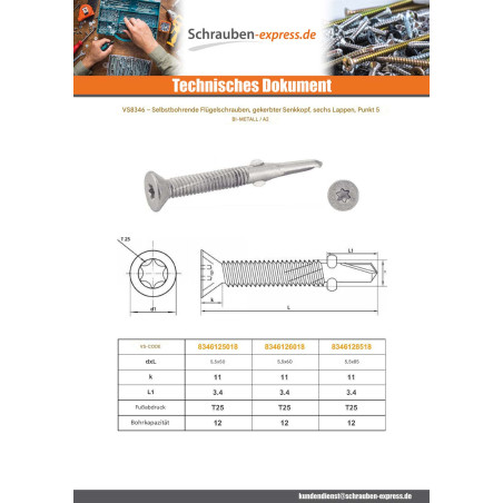1 x Selbstbohrende Schrauben Bimetall Senkkopfschraube T25 Bohrer langer 5,5 x 50