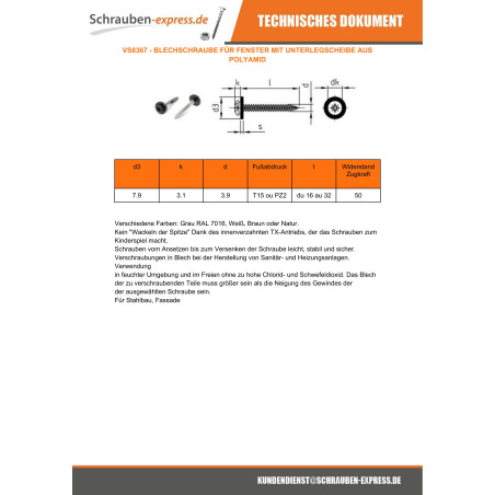 1 x Blechschraube Zylindrischer Flachkopf T15 + Scheiben/Unterlegscheibe Nylon 3,9 x 25 Edelstahl A2 Weiß