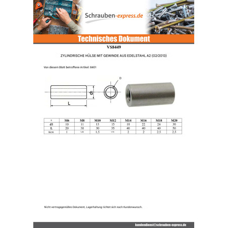 1 x Langmutter Zylindrisch Gebohrt M16 22x40 Edelstahl A2