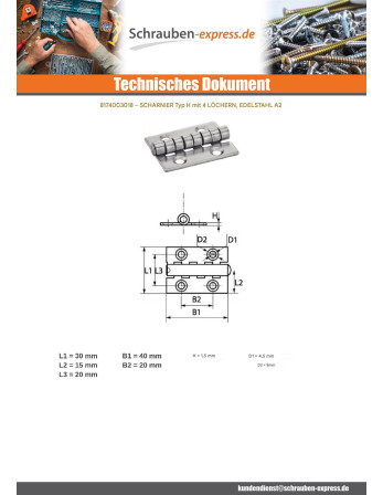 1 x Scharnier Type H 4 Loch Edelstahl A2 30x40