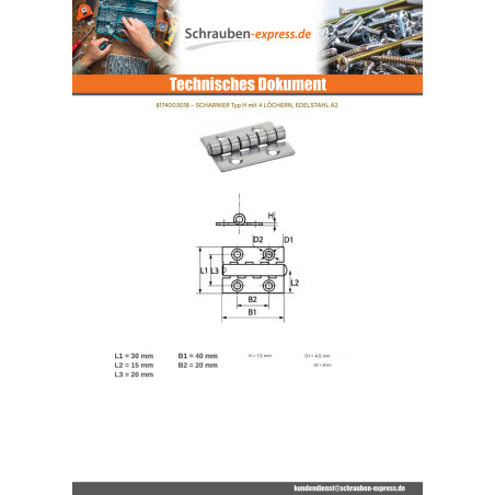 1 x Scharnier Type H 4 Loch Edelstahl A2 30x40
