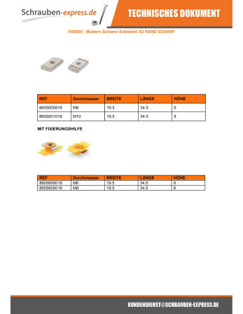 1 x Muttern Schiene Edelstahl A2 19,5 x 34,5 x...