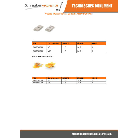 1 x Muttern Schiene Edelstahl A2 19,5 x 34,5 x 6 M6 HELFEN Befestigung