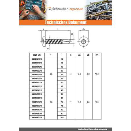 1 x Selbstbohrende Schrauben Zylindrischer Flachkopf 6,3 x 50 T30 Edelstahl AISI 410
