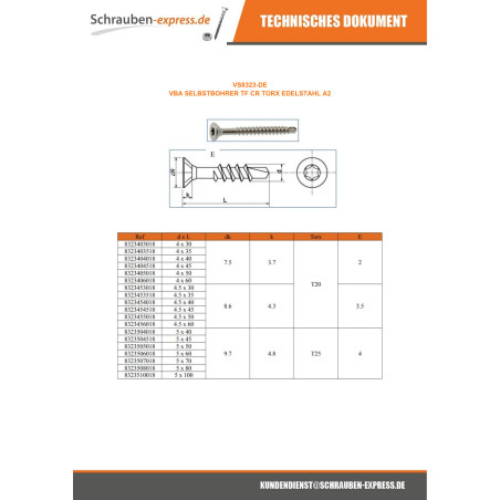 1 x Spanplattenschrauben Selbstbohrende Schrauben Senkkopfschraube Gezahnt 5x100 T25 Edelstahl A2