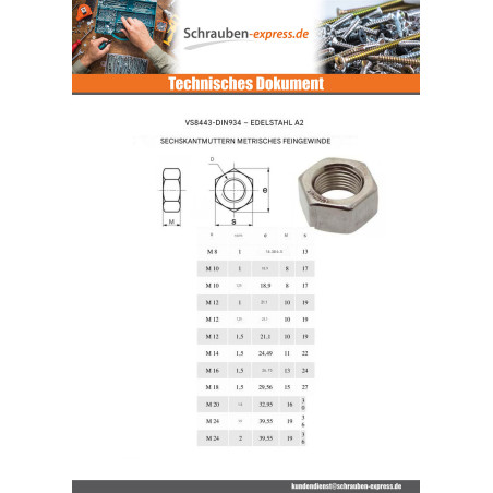 1 x Sechskantmutter M12 Feingewinde gewinde 100 Edelstahl A2