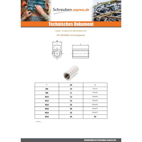 1 x Langmutter Zylindrisch Gebohrt M8X30 Edelstahl A4