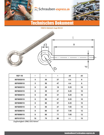 1 x Ringschraube Metalle M6X30 Auge 10...