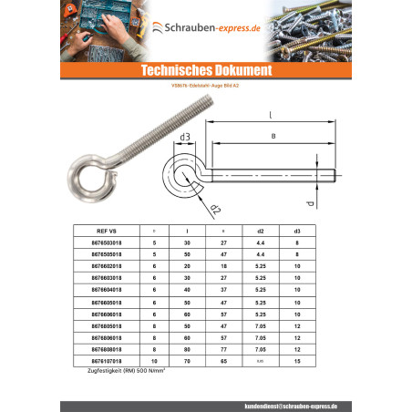 1 x Ringschraube Metalle M6X30 Auge 10 Edelstahl A2