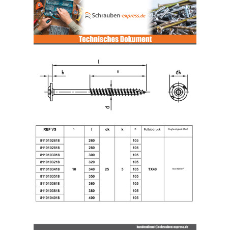 1 x Spanplattenschrauben Edelstahl A2 6x180 Mit Gewinde 70 T25 Kopf-Durchmesser 15