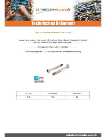 1 x Betonschraube Kopf Flachkopf T30 Edelstahl...