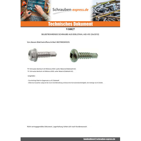 1 x Selbstbohrende Schrauben Sechskantkopf 4,8 x 19 Edelstahl AISI 410