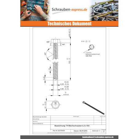 1 x Blechschraube Gewindefurchend Sechskantkopf 6,3 x 100 Edelstahl A2 Verzinkt