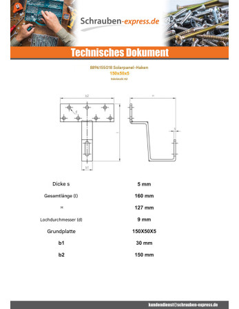 1 x Haken ZEICHEN SOLAR 150x50x5 Edelstahl A2