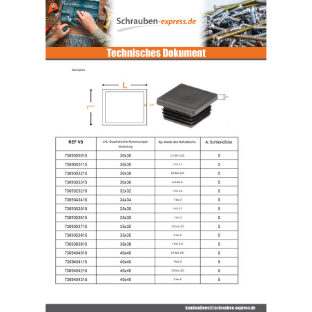 1 x Abdeckung für Vierkantrohr 40x40 Rohrwandstärke 1,5 für 2,5 Schwarzes Polyethylen