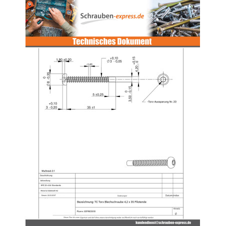 1 x Blechschraube breitem gewölbtem kopf 4,2 x 35 Edelstahl A2 T20 Pilot Spitze