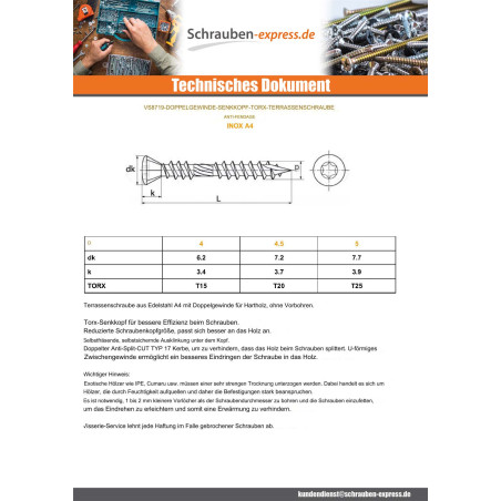 1 x Terrassenschrauben Doppelgewinde Senkkopfschraube T25 5x50 Edelstahl A4 T17