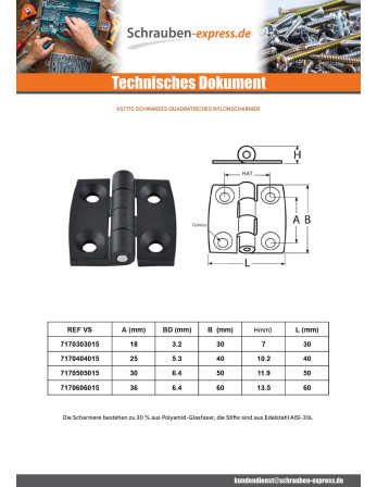 1 x Scharnier Viereckig 40x40 schwarzes Nylon