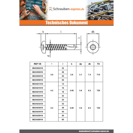 1 x Selbstbohrende Schrauben Zylindrischer Flachkopf 3,5 x 22 T10 Edelstahl AISI 410