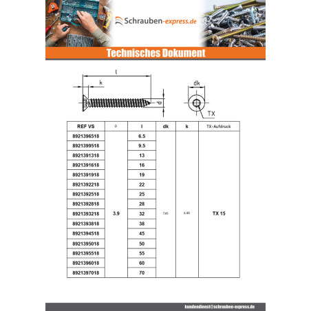 1 x Blechschraube Senkkopfschraube 4,8X13 T25 Edelstahl A4