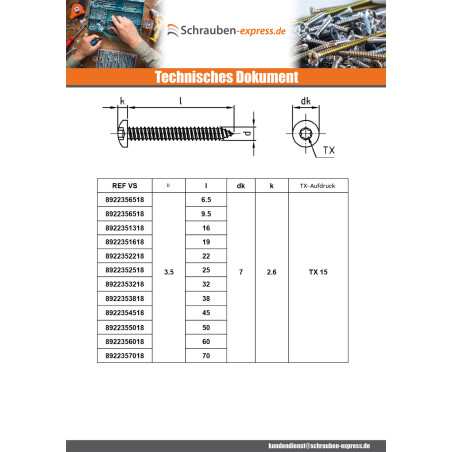1 x Blechschraube Zylindrischer Halbrundkopf 6,3 x 120 T30 Edelstahl A4