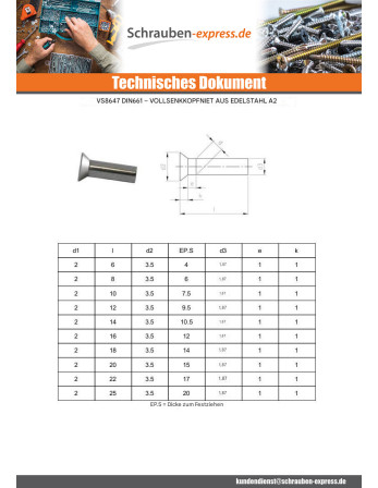 1 x Vollniet Senkkopfschraube Edelstahl A2 4x6