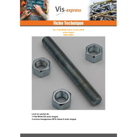 1 x KIT 1 Gewinde M16x120 Mit 3 Muttern M16 Verzinkt