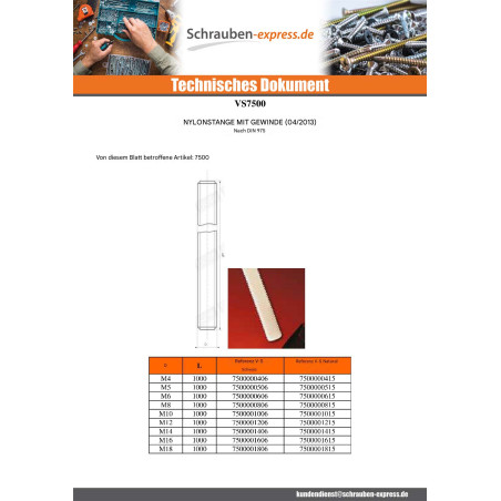 1 x Gewindestange M12 Länge 1 Meter natürlich nylon
