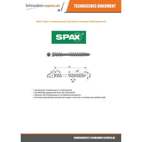 1 x Spax Terrassenschrauben Zylindrischer Flachkopf T25 5x50 Edelstahl A2