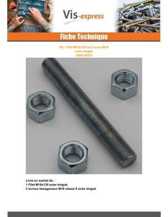 1 x KIT 1 Gewinde M16X130 Mit 3 Muttern M16...