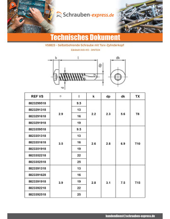 1 x Selbstbohrende Schrauben Zylindrischer...