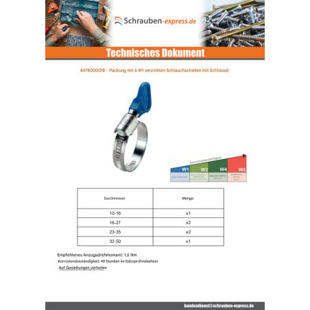 1 x Tüte Von 6 Schlauchschelle für Schlüssel Zinkstahl W1