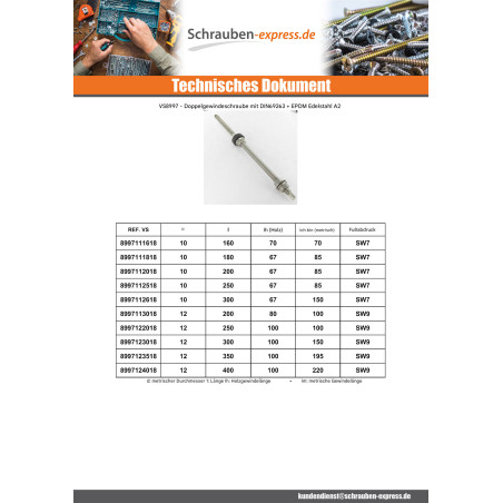 1 x Schraube für Solar-Panel SW9 12x400 Edelstahl A2