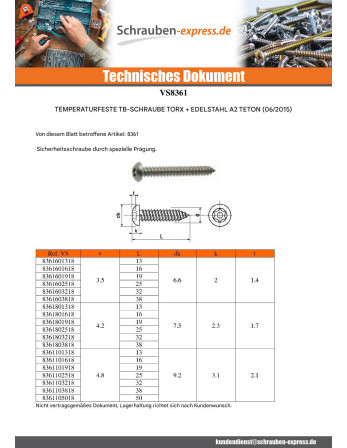 1 x Blechschraube Sichere Edelstahl A2...
