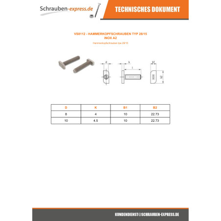 1 x Metallschrauben Hammerkopf 10 x 4,5 x 22,73 M8X50 Edelstahl A2 für 28/15 Profile