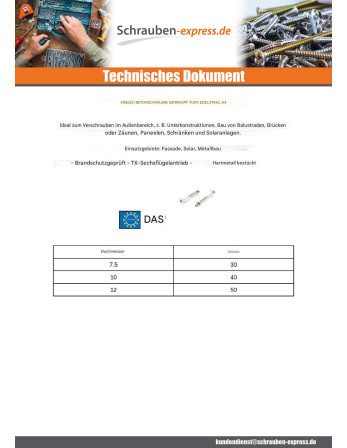 1 x Betonschraube Senkkopf T30 Edelstahl A4 7,5...
