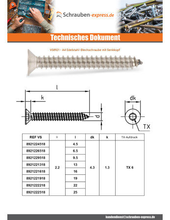 1 x Blechschraube Senkkopfschraube 6,3X60 T30...