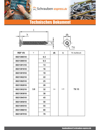1 x Blechschraube Senkkopfschraube 6,3X60 T30...