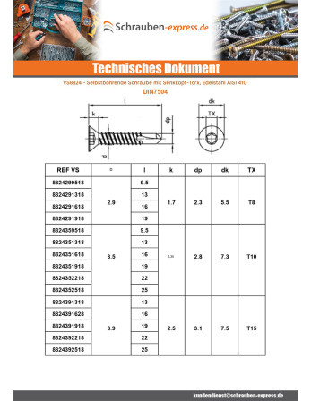 1 x Selbstbohrende Schrauben Senkkopfschraube...