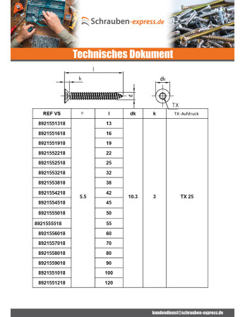 1 x Blechschraube Senkkopfschraube 6,3 x 32 T30...