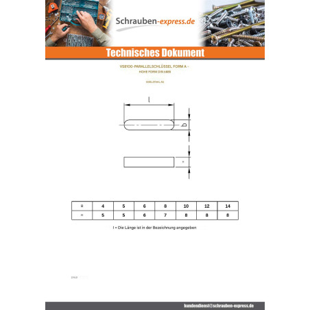 1 x Passfeder Edelstahl A5 8x7 Länge 14