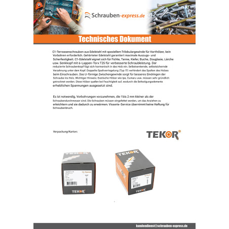 1 x Terrassenschrauben TEKOR Flacher Senkkopf T20 4,5 x 70 cut Bohrspitze mit Typ 17 Spitze Edelstahl Edelstahl C1 AISI