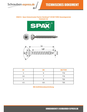 1 x Spax Holzschraube Flacher Senkkopf T-STAR...
